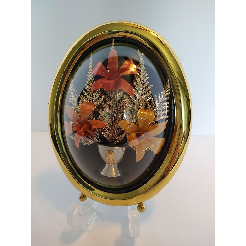 Vtg Fern & Orchid Wall Picture 24k Gold Plated Floral Hawaii Plaque MCM 8" READ